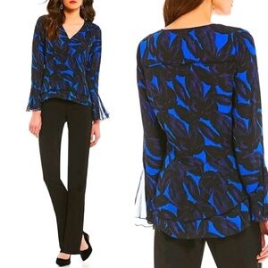 Halston Flounce Blouse Black Blue Small